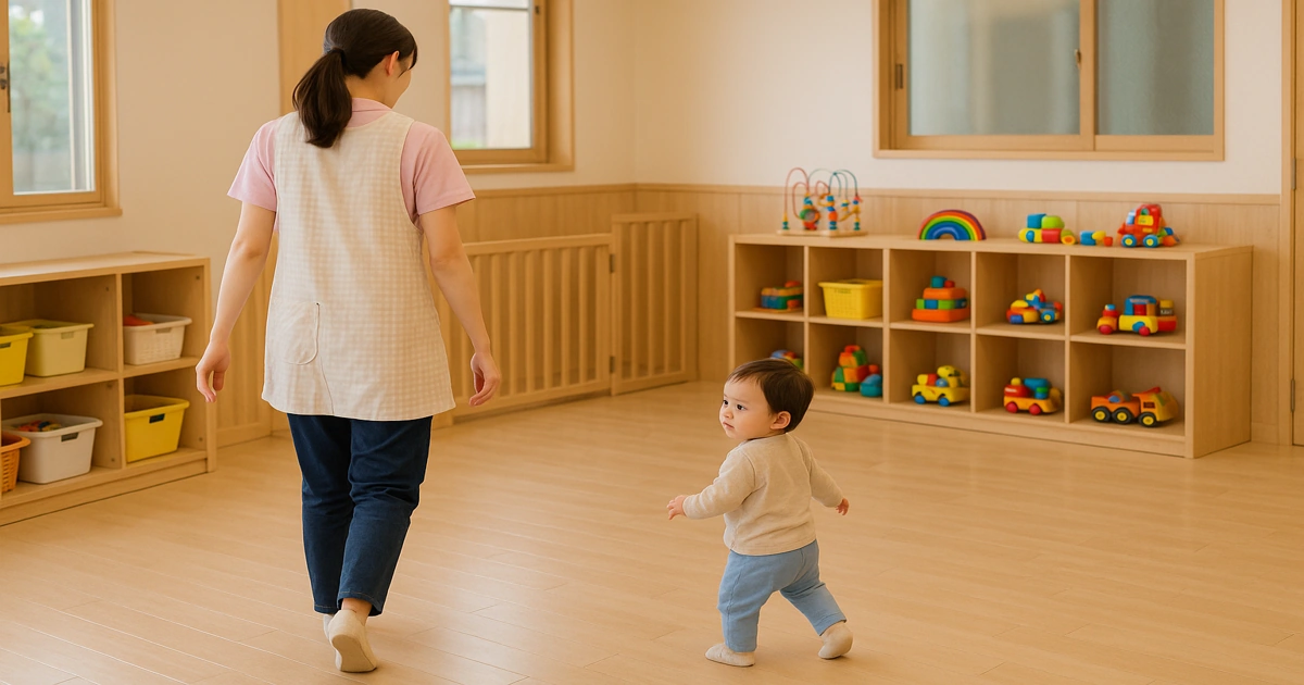 保育園の室内で保育士の後を追いかける子どもが歩いている様子