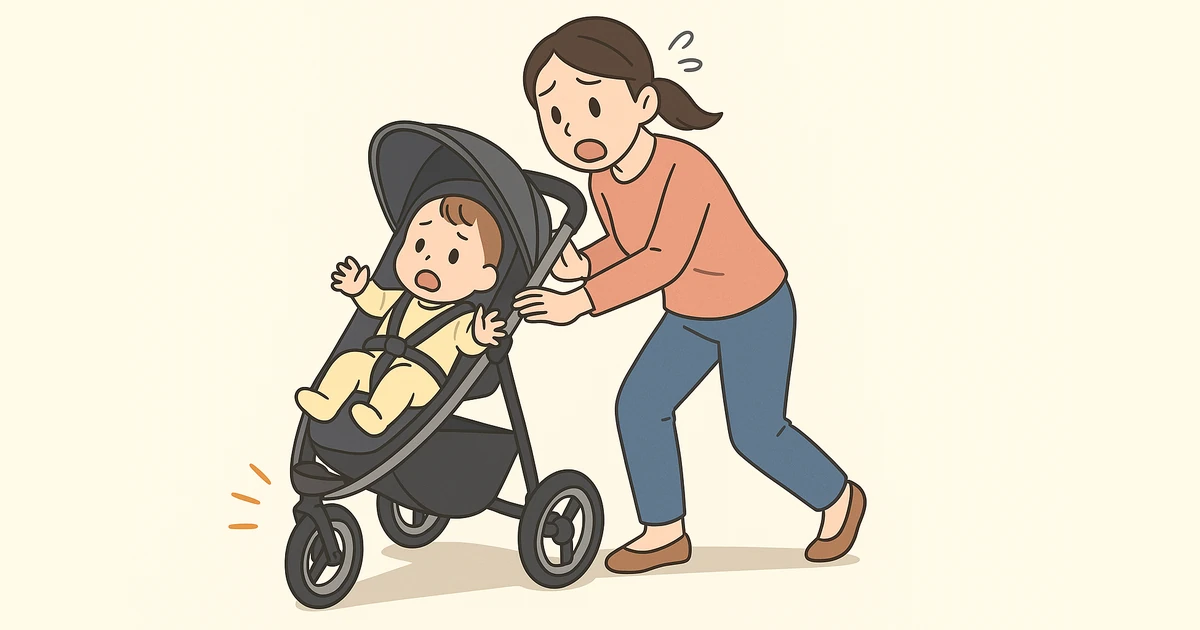 シングルタイヤのベビーカーが傾きかけて驚く赤ちゃんと母親のイラスト